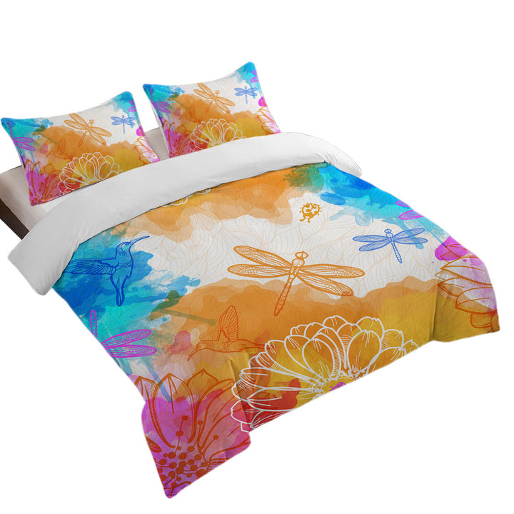 Orange Blue Dragonflies and Hummingbirds Coverlets