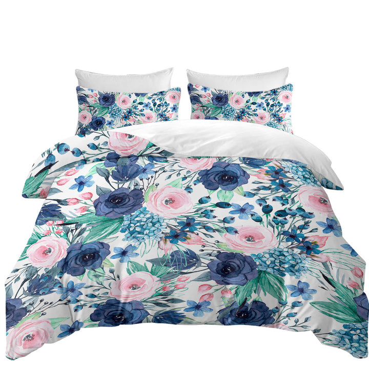 Oversized King Duvet Cover with Dark Blue and Pink Floral