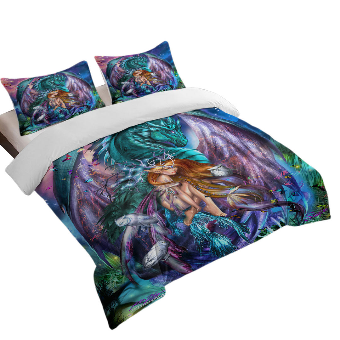 Oversized King Duvet Cover with Fantasy Virgo Design Fairy and Dragon