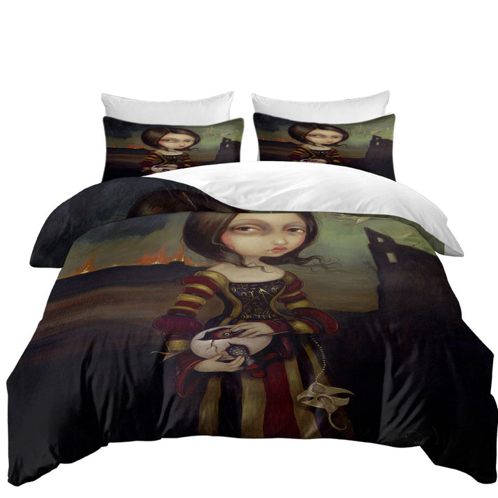 Oversized King Duvet Cover with Fine Art Lady with a Bosch Egg