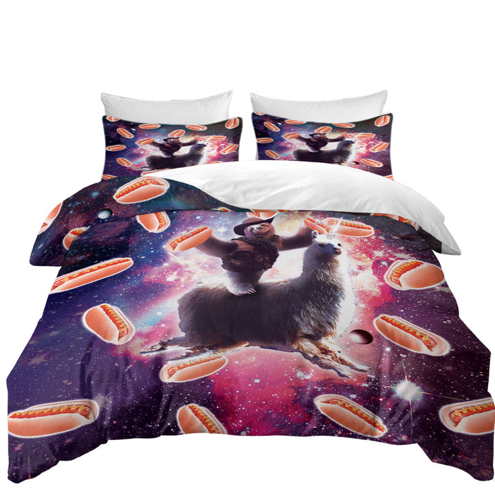 Oversized King Duvet Cover with Funny Hot Dogs Space Cowboy Sloth on Llama Unicorn