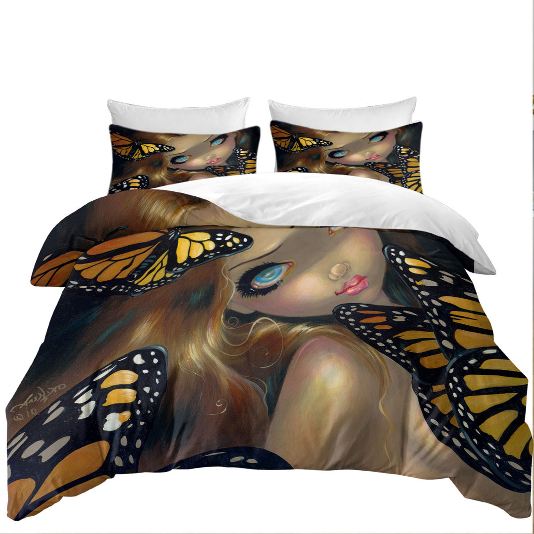 Oversized King Duvet Cover with Girl Nymph with Monarchs Butterflies