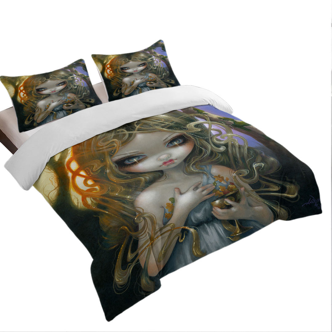 Oversized King Duvet Cover with Oaken Mead Magical Fairy Maiden with Witchy Chalice