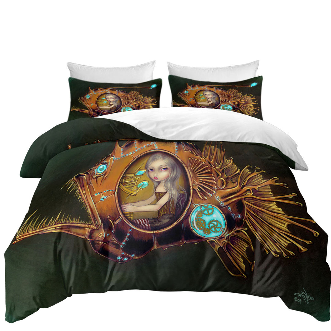 Oversized King Duvet Cover with Steampunk Anglerfish Submarine Violet Eyed Girl