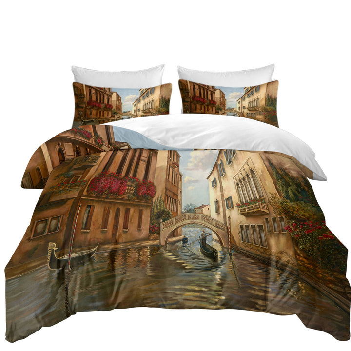 Oversized King Duvet Cover with Venetian City Canal and Gondola Art Painting