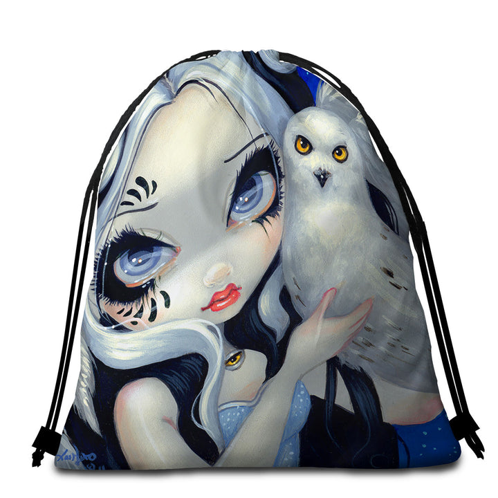 Owl Beach Towel Bags Faces of Faery _149 Goth Girl with Her White Owl