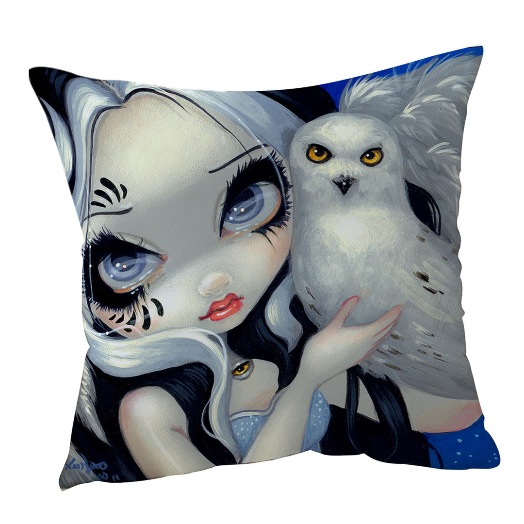 Owl Cushion Cover Faces of Faery _149 Goth Girl with Her White Owl