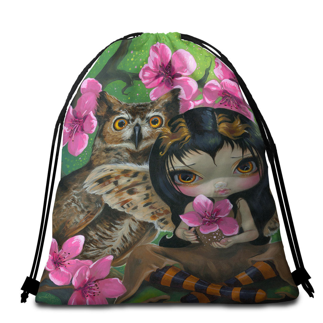 Owl Fairy Owlyn in the Springtime Cherry Blossom Beach Towel Bags