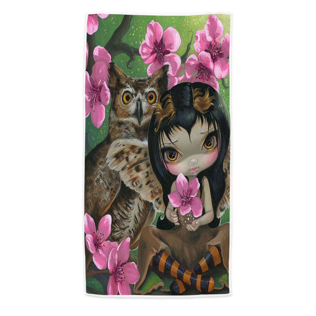 Owl Fairy Owlyn in the Springtime Cherry Blossom Beach Towels