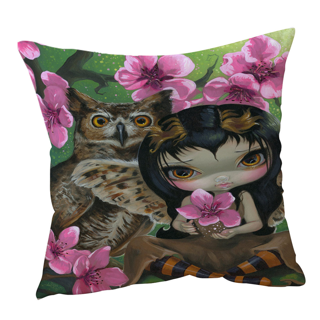 Owl Fairy Owlyn in the Springtime Cherry Blossom Cushion Cover