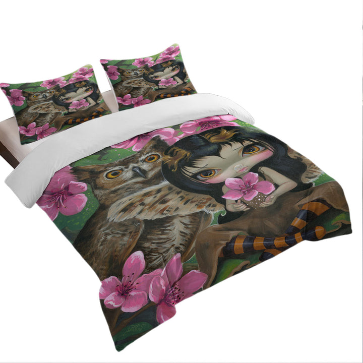 Owl Fairy Owlyn in the Springtime Cherry Blossom Daybed Covers Sets