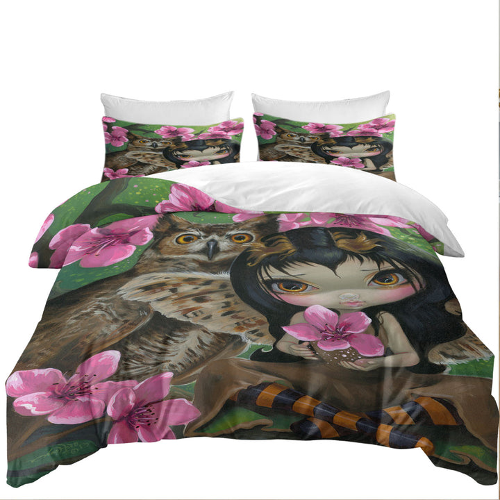 Owl Fairy Owlyn in the Springtime Cherry Blossom Duvet Cover Queen