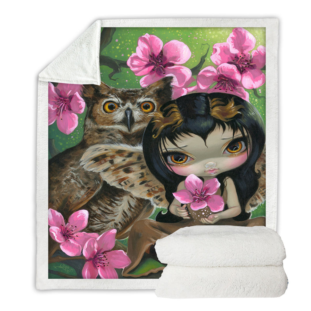 Owl Fairy Owlyn in the Springtime Cherry Blossom Fleece Blankets