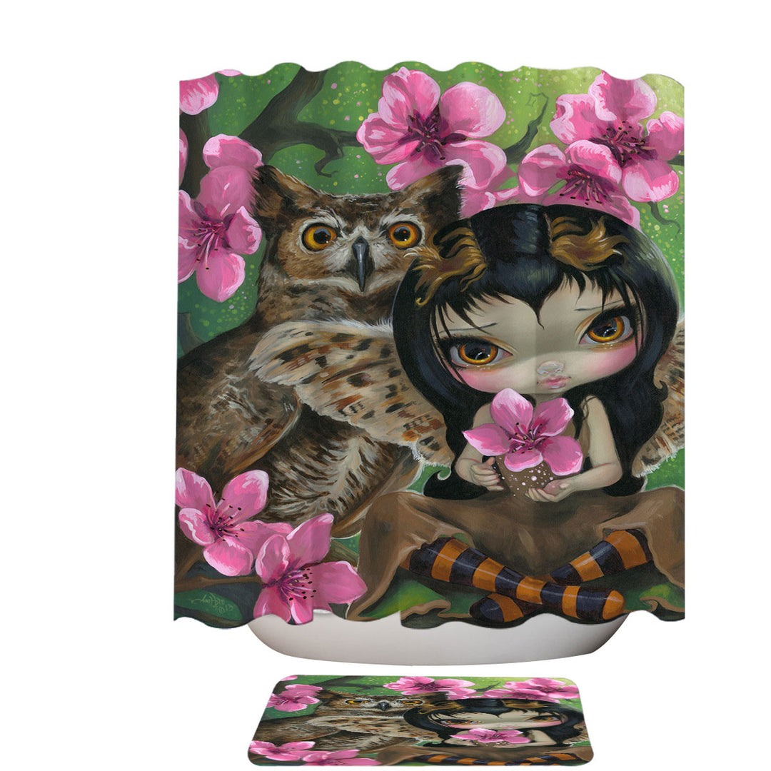 Owl Fairy Owlyn in the Springtime Cherry Blossom Shower Curtain