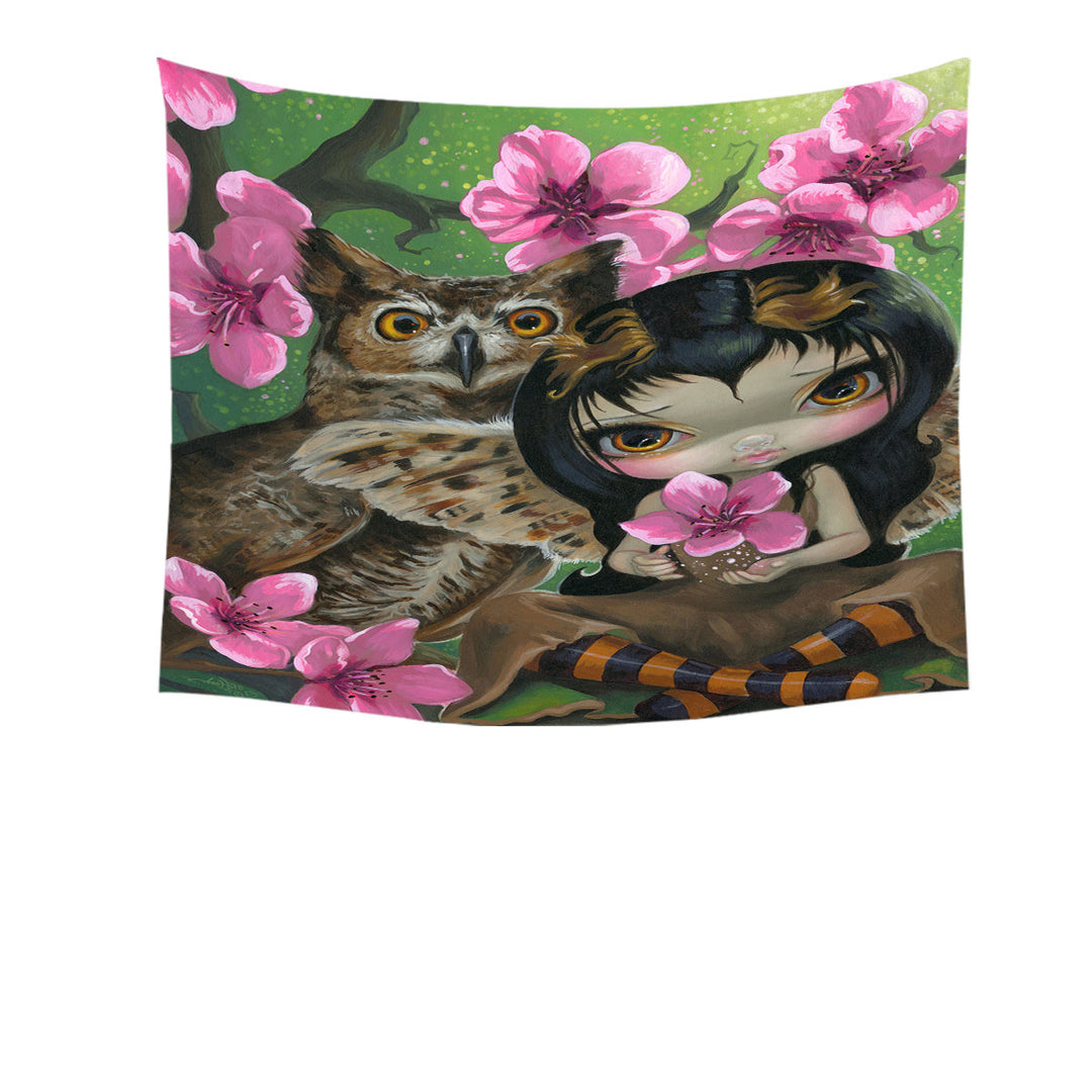 Owl Fairy Owlyn in the Springtime Cherry Blossom Tapestry Wall Decor