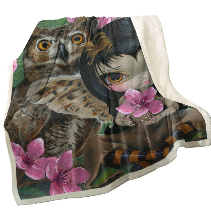 Owl Fairy Owlyn in the Springtime Cherry Blossom Throw Blanket