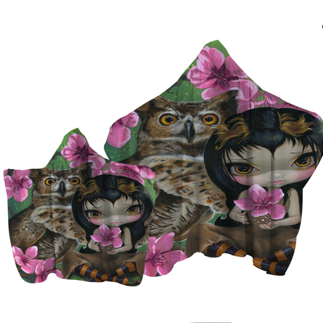 Owl Fairy Owlyn in the Springtime Cherry Blossom Towel with Hood