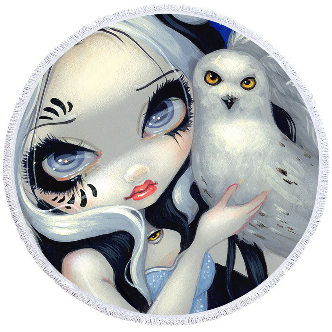 Owl Round Beach Towel Faces of Faery _149 Goth Girl with Her White Owl