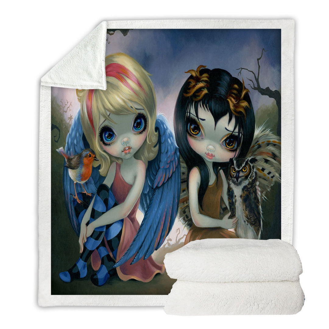 Owlyn and Robyn Cute Bird Fairy and Owl Fairy Sherpa Blanket