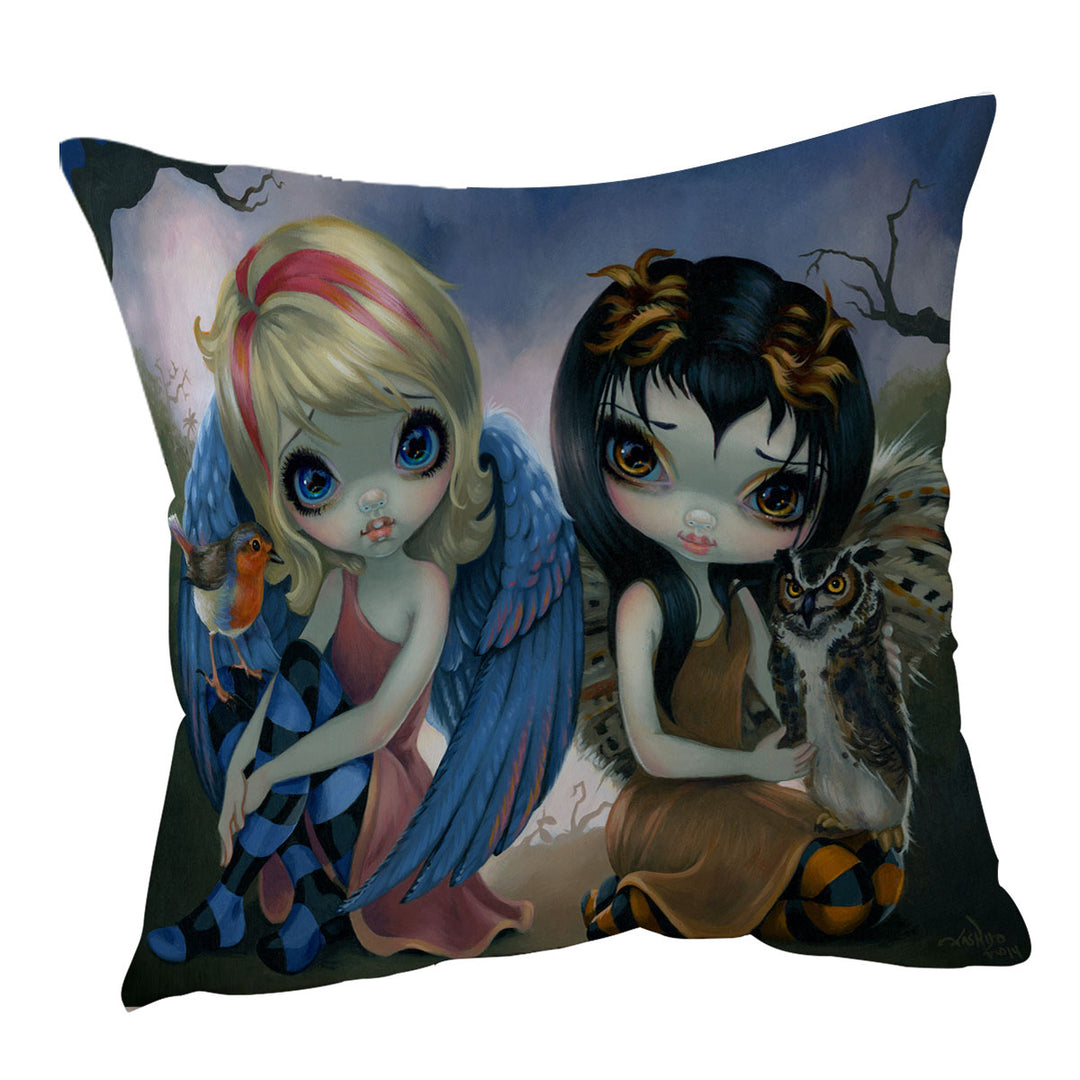 Owlyn and Robyn Cute Bird Fairy and Owl Fairy Throw Cushions