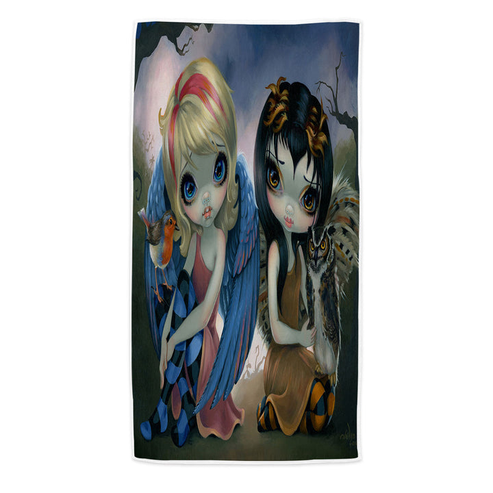 Owlyn and Robyn Cute Bird Fairy and Owl Fairy Womens Beach Towel