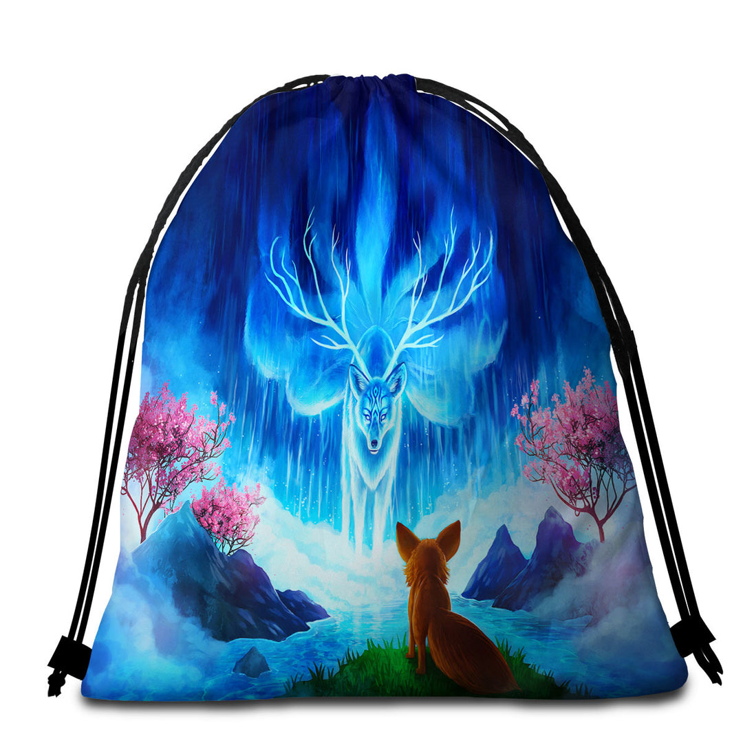 Packable Beach Towel with Animal Fantasy Art Wisdom Lake Fox