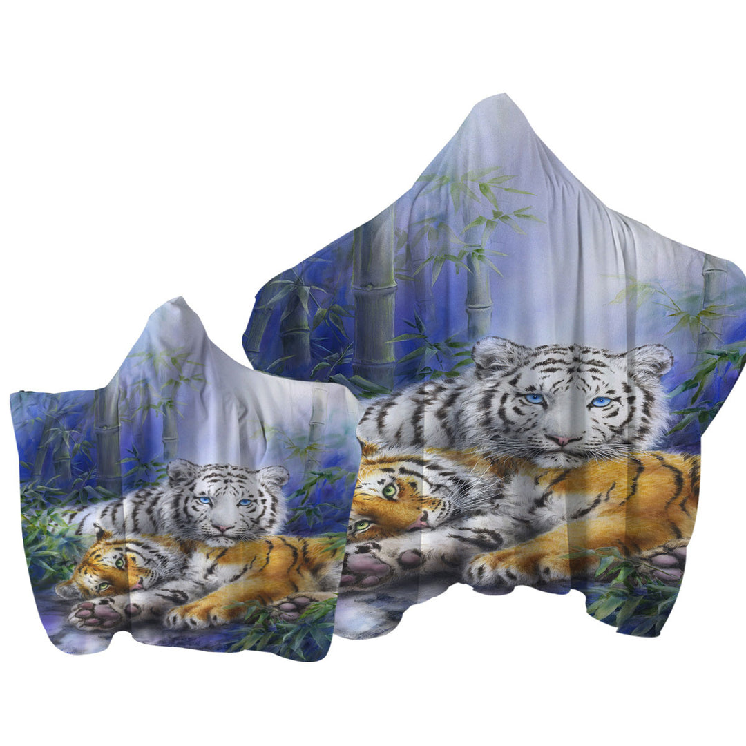 Painted Art Orange and White Tigers Hooded Beach Towel