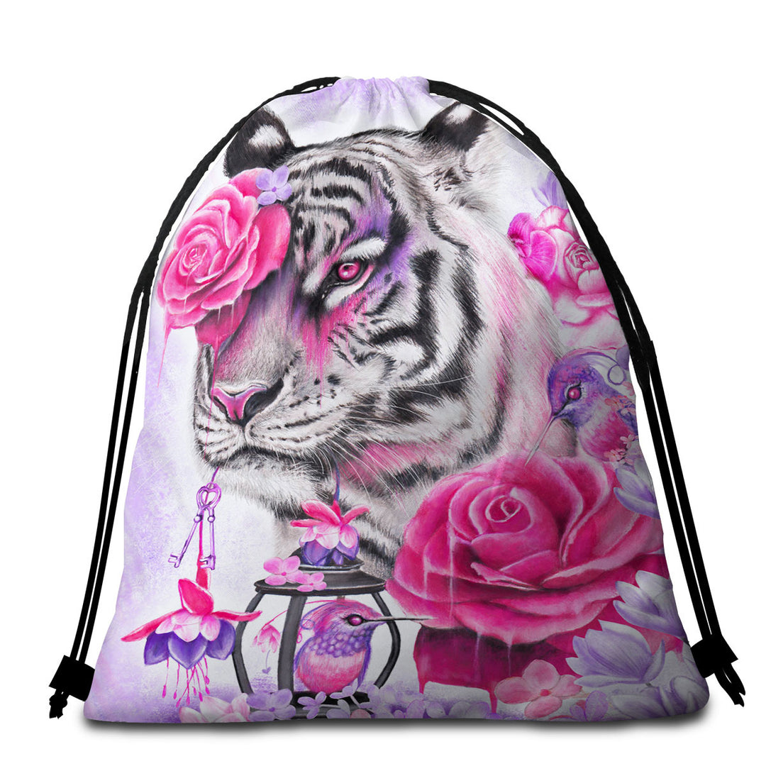 Painted Beach Bags and Towels with Hummingbirds and Fuchsia Tiger