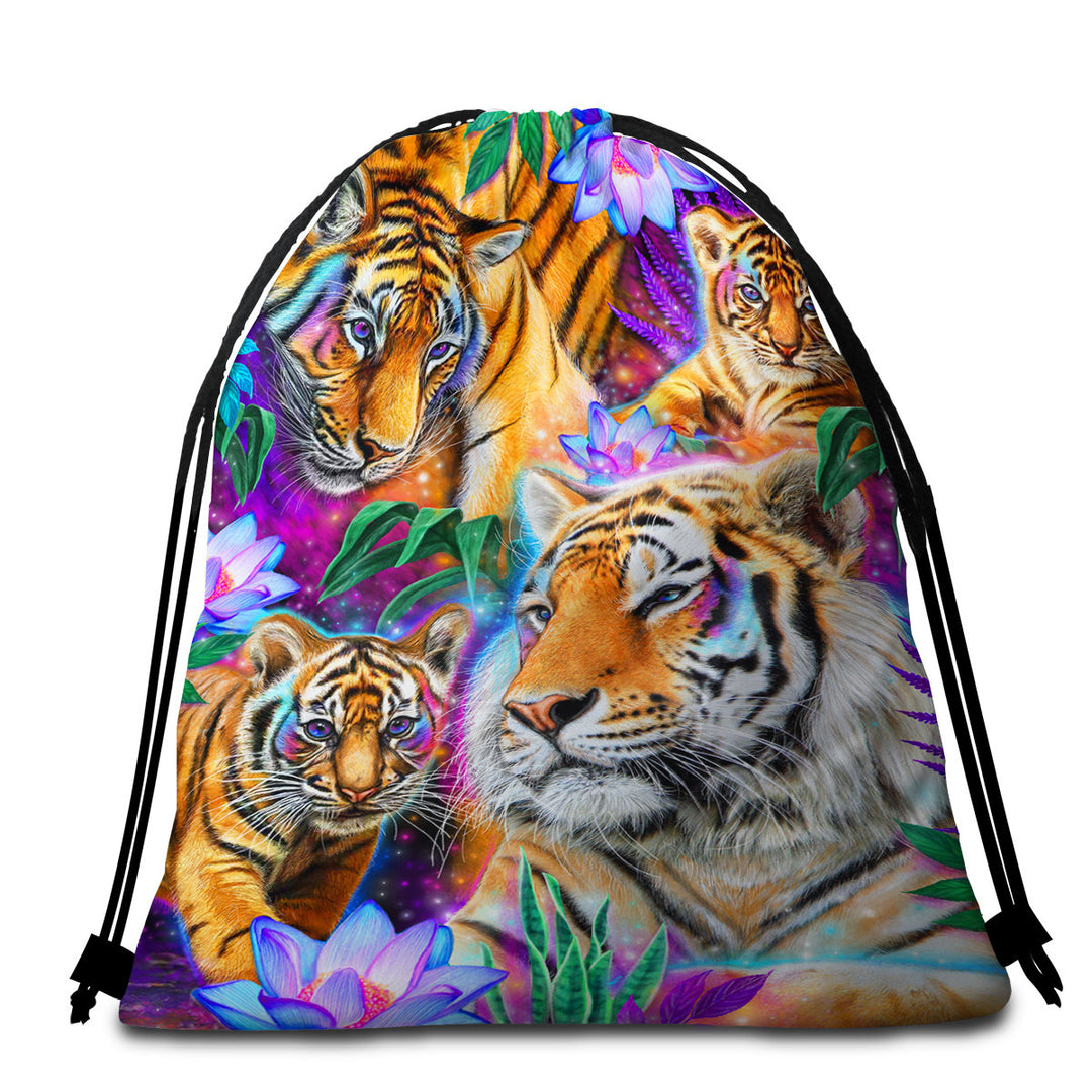 Painted Beach Towel Bags Tropical Flowers and Day Dream Tigers