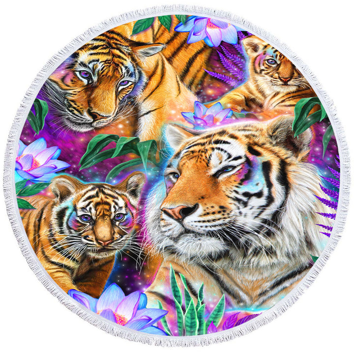 Painted Circle Beach Towel Tropical Flowers and Day Dream Tigers