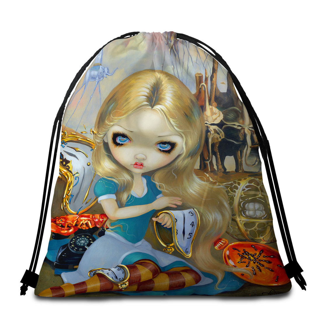 Painted Fantasy Beach Towel Bags Alice in a Dali Dream