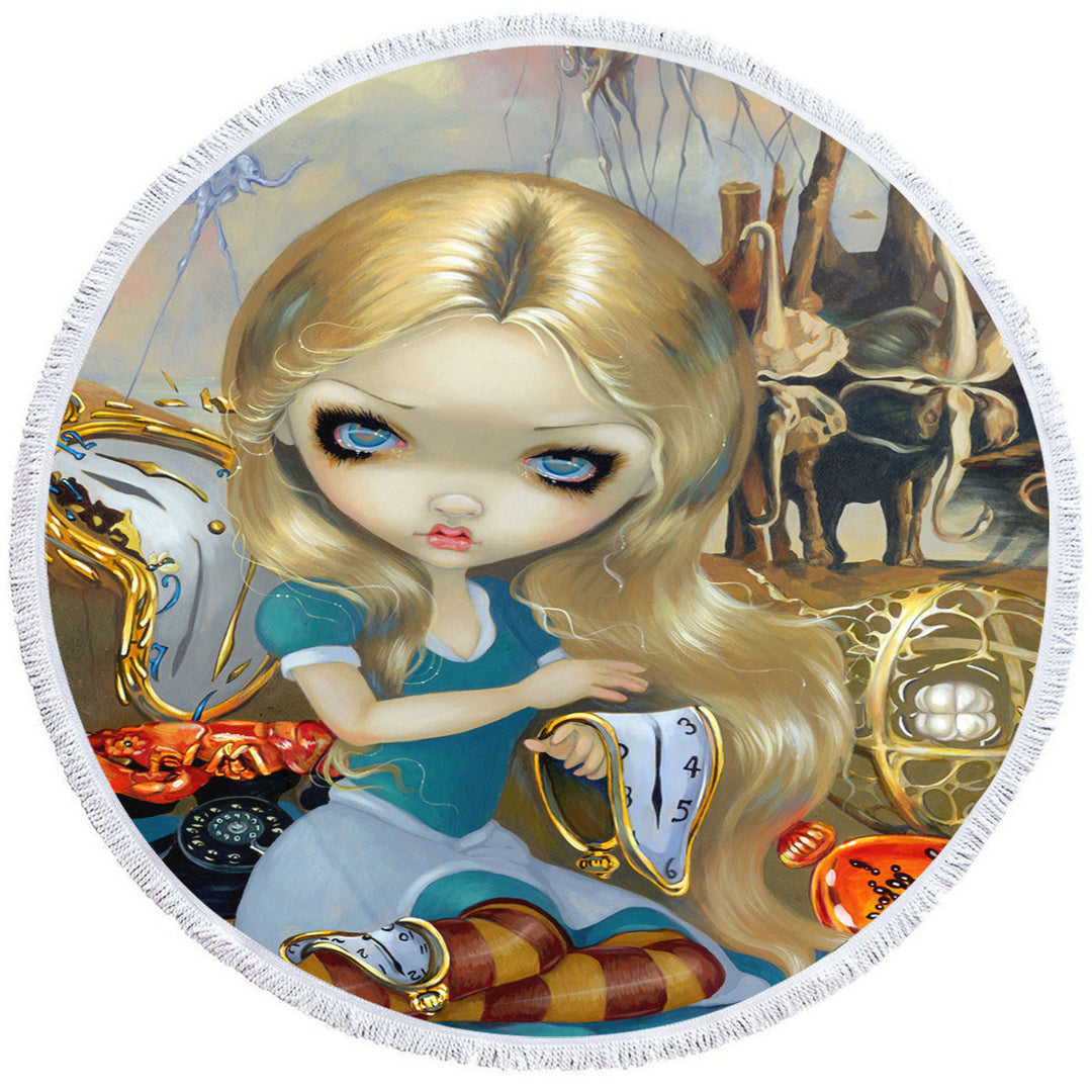 Painted Fantasy Round Beach Towel Alice in a Dali Dream