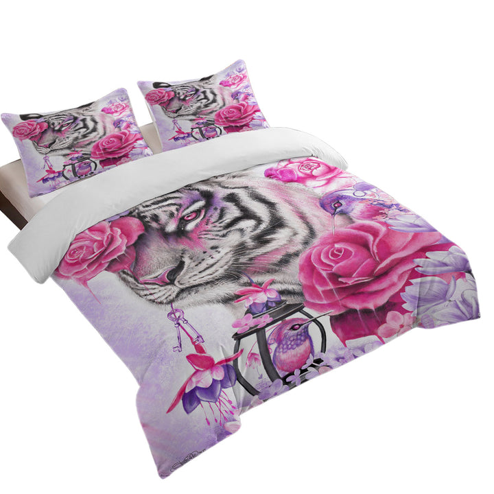 Painted Hummingbirds and Fuchsia Tiger California King Duvet Cover