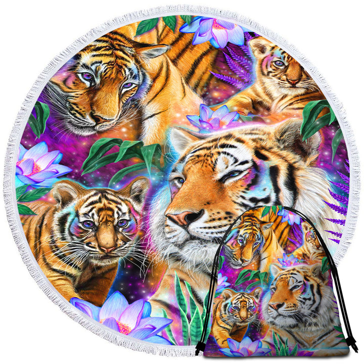 Painted Round Beach Towel Tropical Flowers and Day Dream Tigers