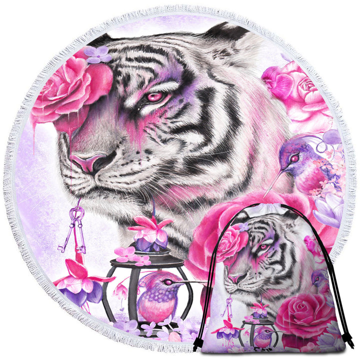 Painted Round Beach Towel with Hummingbirds and Fuchsia Tiger