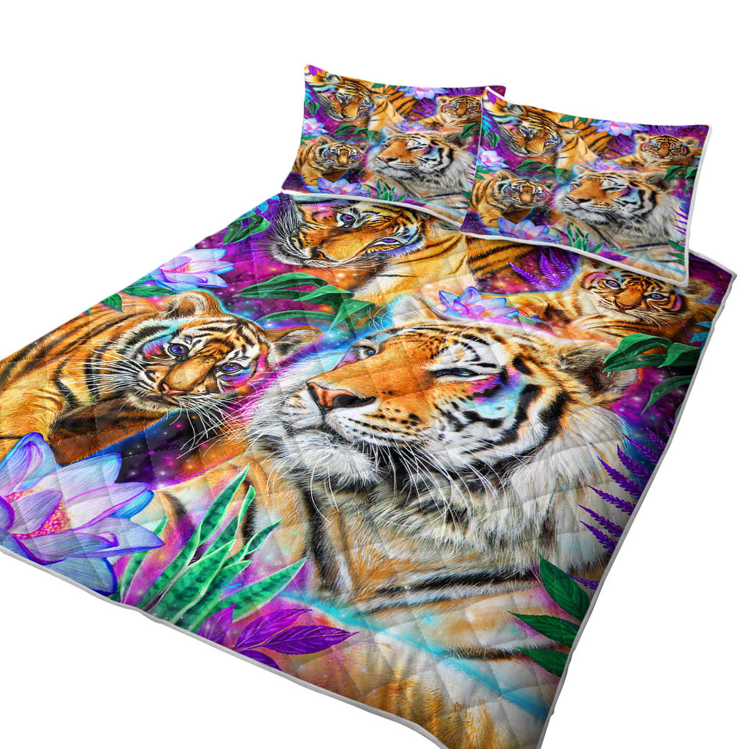 Painted Tropical Flowers and Day Dream Tigers California King Quilt Sets