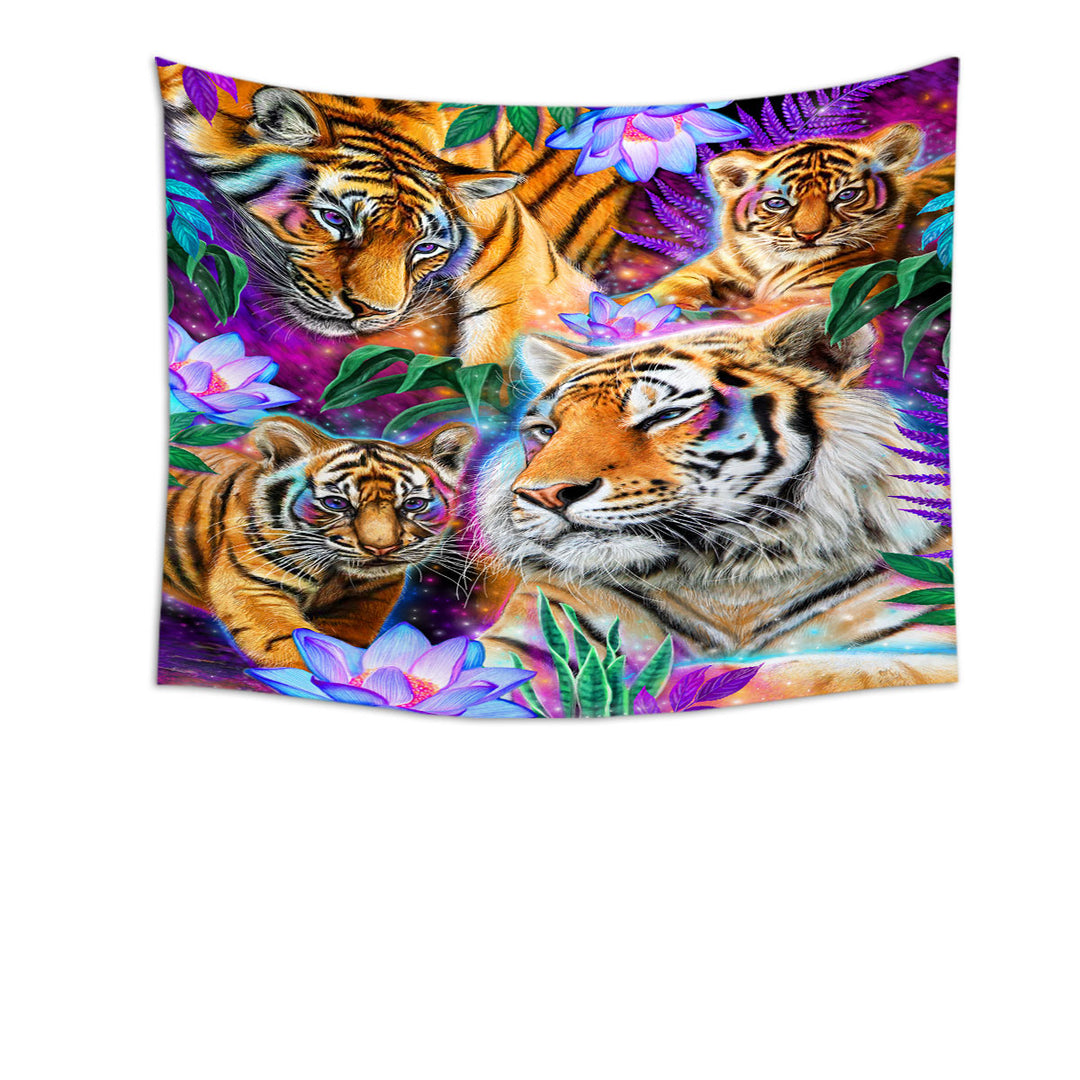 Painted Wall Decor Tropical Flowers and Day Dream Tigers Tapestry