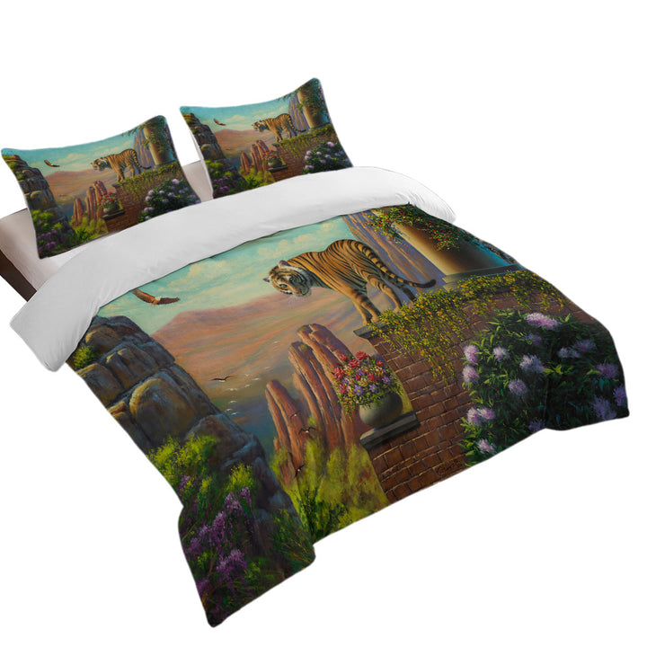 Painting of Tiger on Floral Terrace Oversized King Duvet Cover