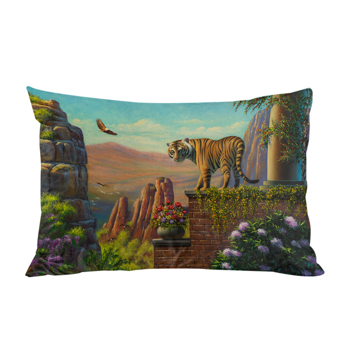 Painting of Tiger on Floral Terrace Pillowcase