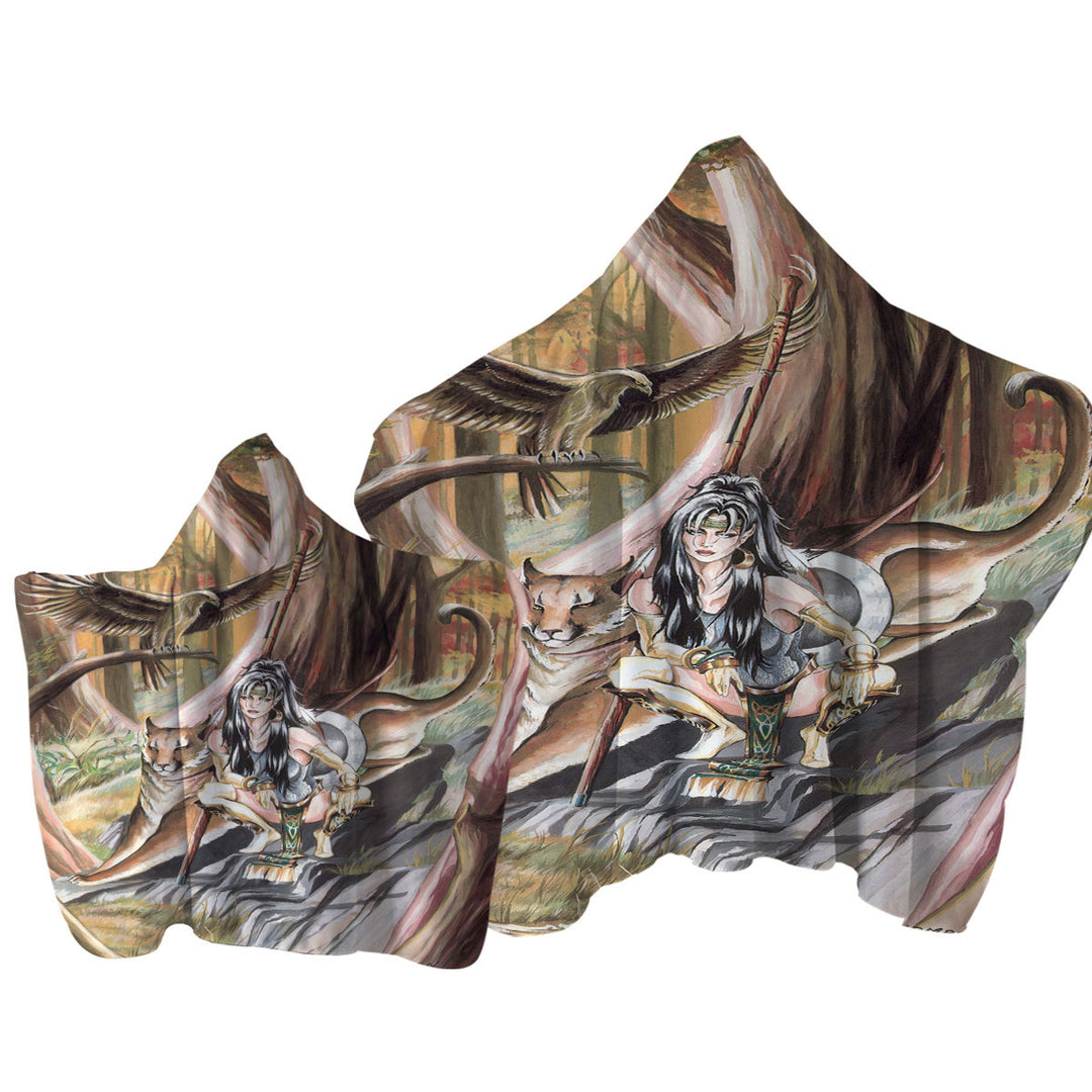 Paths of Autumn Woman Warrior and Puma Hooded Beach Towel