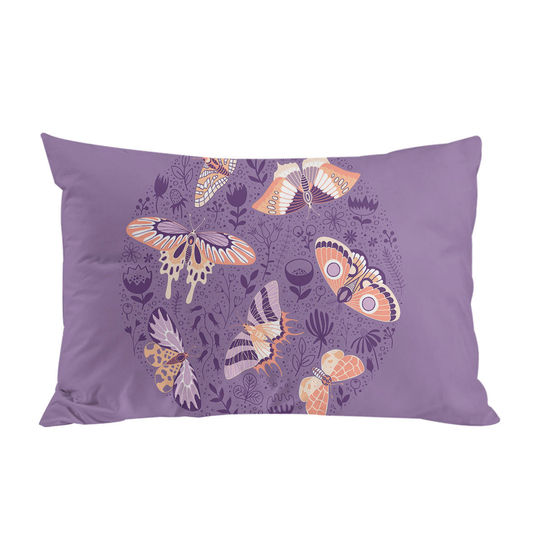 Peach Butterflies over Floral Purple Pillowcase