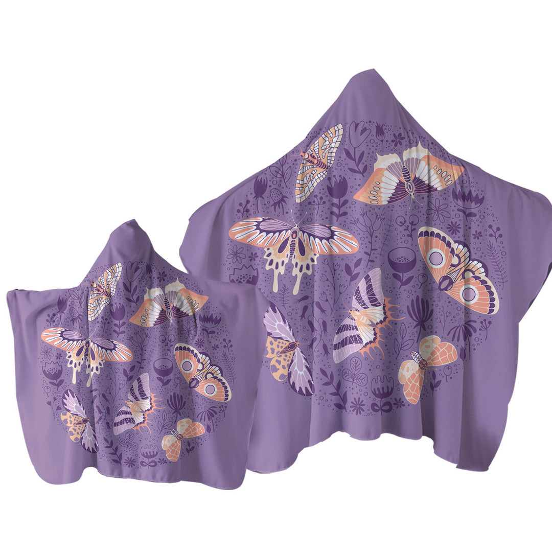 Peach Butterflies over Floral Purple Towel with Hood