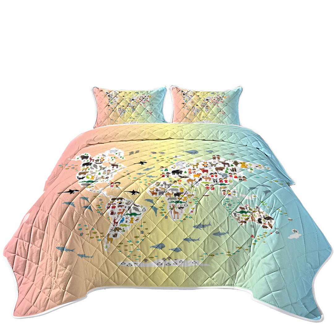 People and Animals World Map King Size Bedspreads