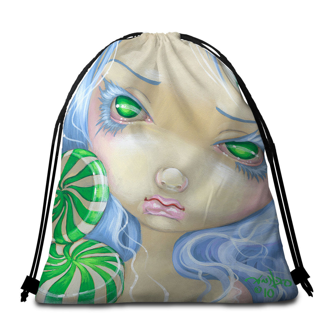 Peppermint Candy Beach Towel Bags Faces of Faery _85 Green Girl with Peppermint Candy