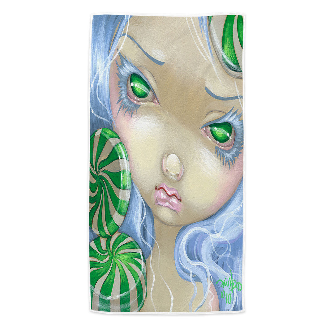 Peppermint Candy Beach Towels Faces of Faery _85 Green Girl with Peppermint Candy