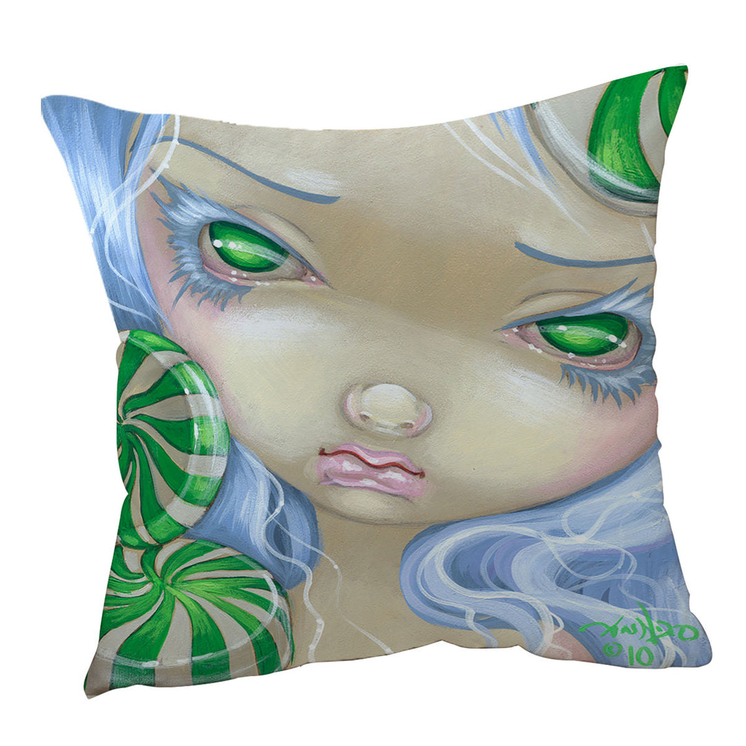 Peppermint Candy Cushion Cover Faces of Faery _85 Green Girl with Peppermint Candy