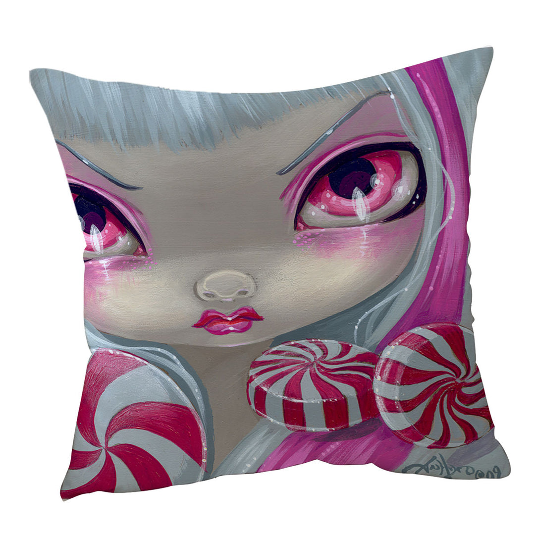 Peppermint Cushion Cover Faces of Faery _44 Pink Girl with Peppermint Candy 2