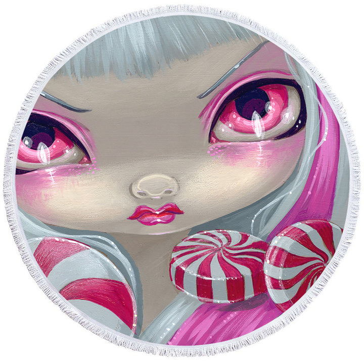 Peppermint Round Beach Towel Faces of Faery _44 Pink Girl with Peppermint Candy