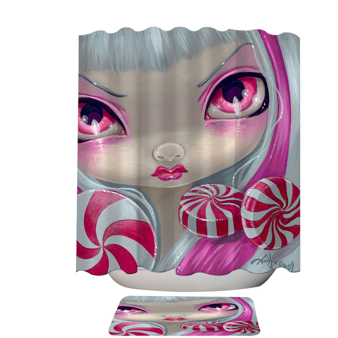 Peppermint Shower Curtain Faces of Faery _44 Pink Girl with Peppermint Candy