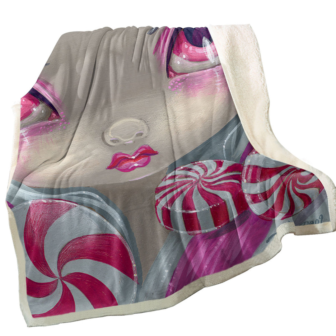 Peppermint Throw Blanket Faces of Faery _44 Pink Girl with Peppermint Candy